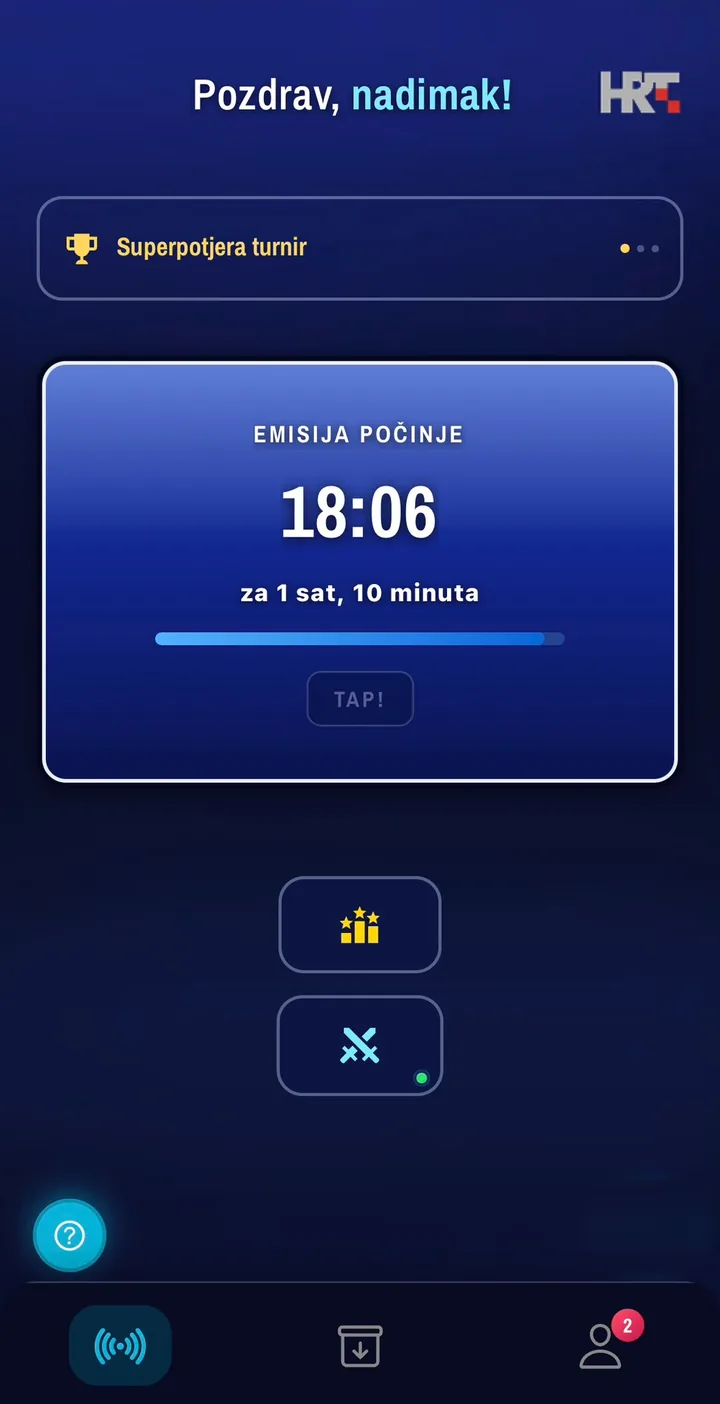 Početni ekran aplikacije s odbrojavanjem do emisije